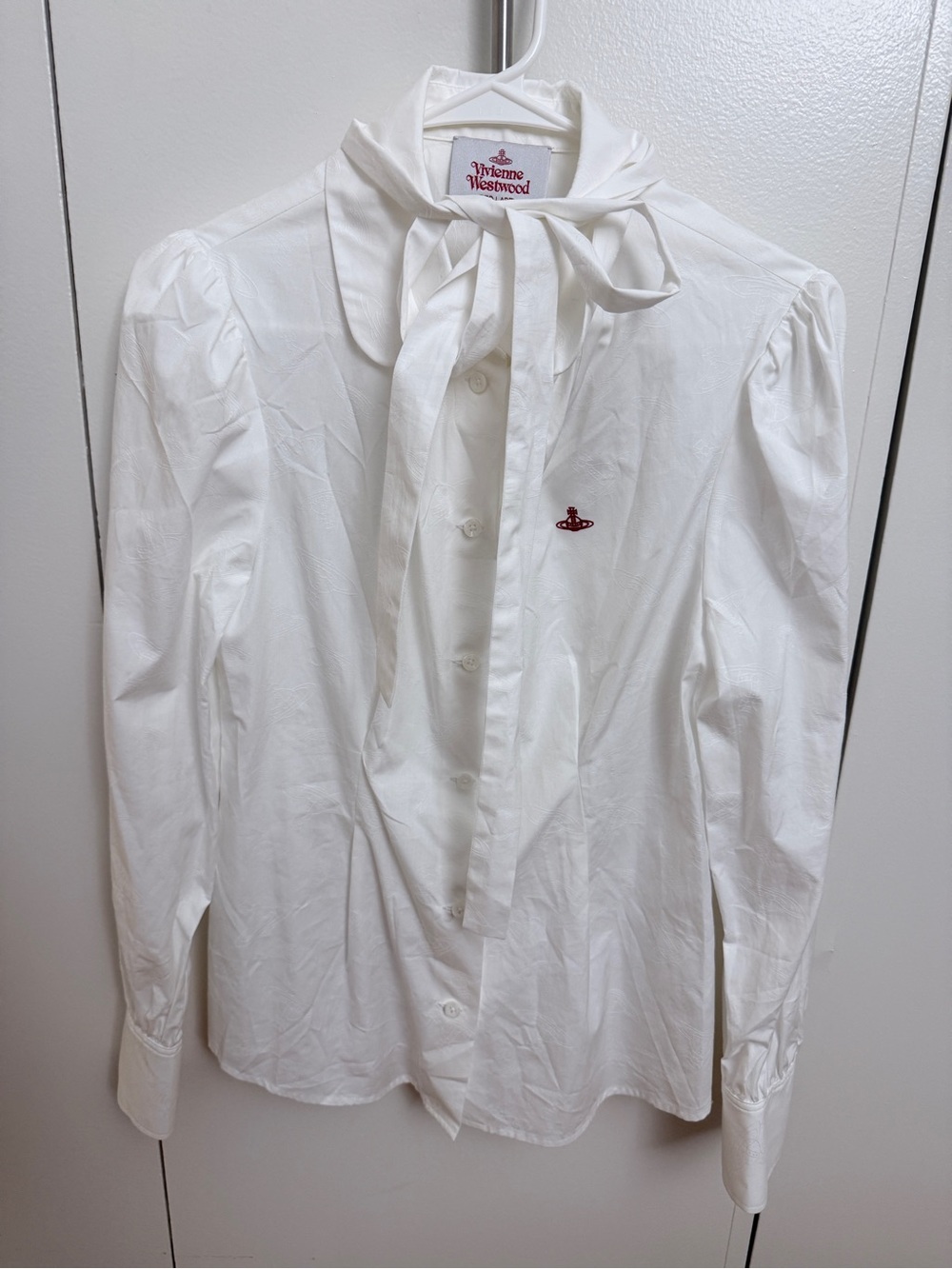 Vivienne Westwood White Bow-Tie Cotton Blouse with Red Orb Logo